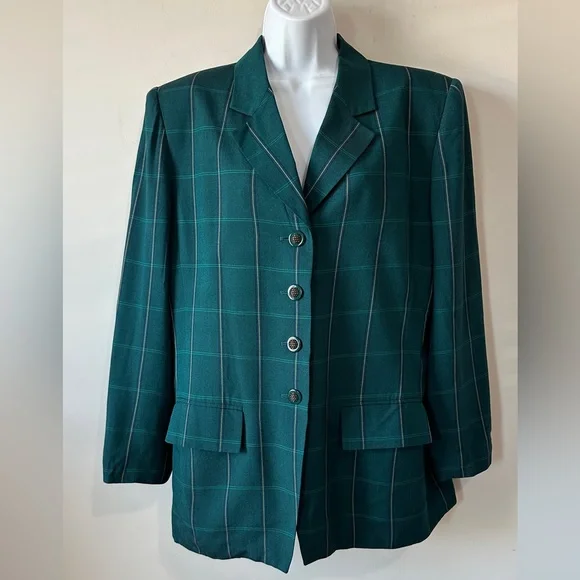 Teal Green Vintage Plaid Blazer By KASPER for ASL Size 14